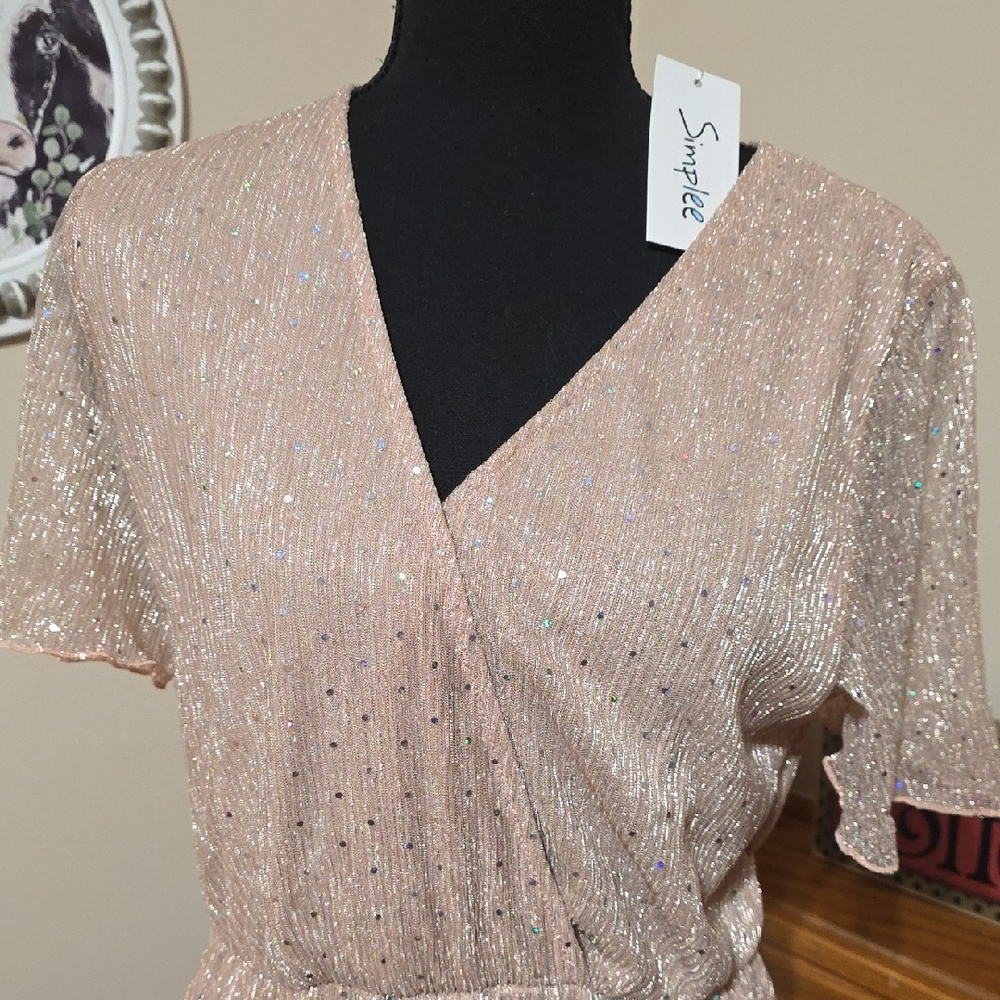 Simplee Apparel Shimmery Blush V-Neck Maxi Dress - Picture 2 of 13